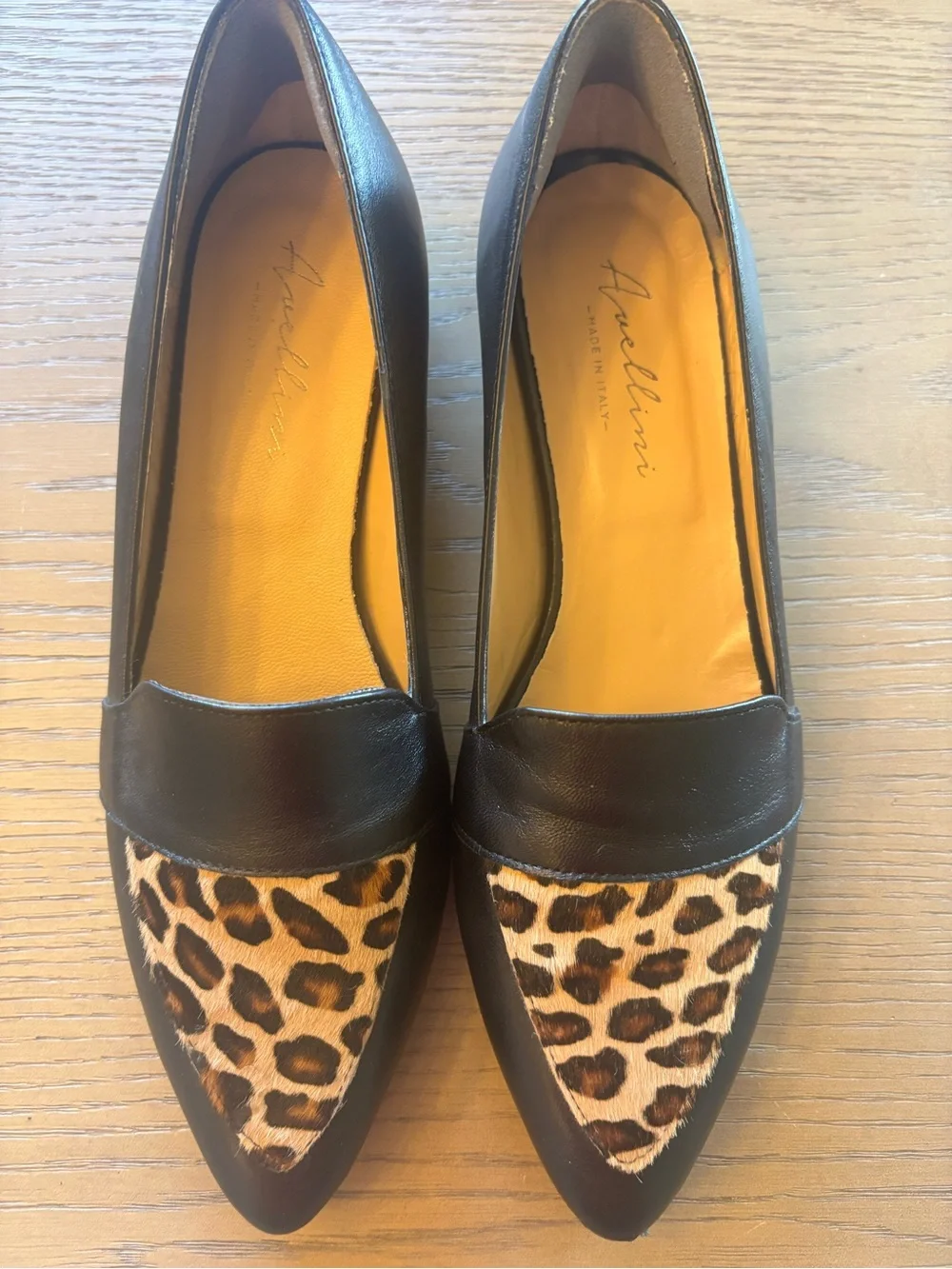 Black Leather Loafers with Leopard Toe Accent